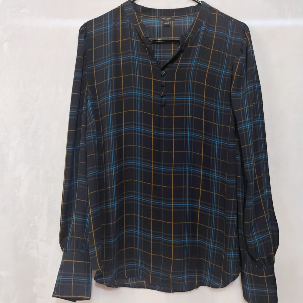 Ann Taylor Factory Navy Blue Plaid Long Sleeve Blouse Sz Large Split Neck Top V